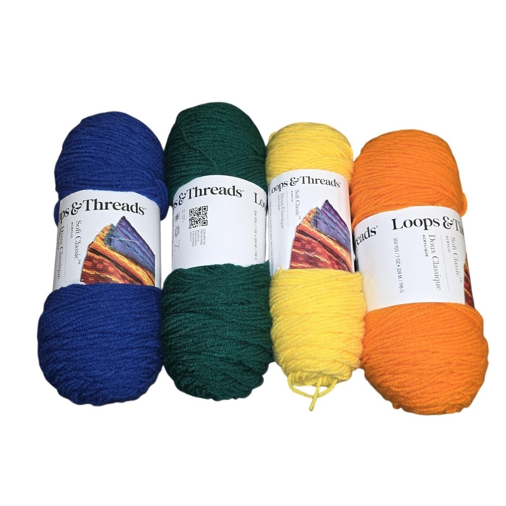 Loops & Threads Soft Classic Yarn Lot 4 Skeins Blue Green Yellow Orange Acrylic
